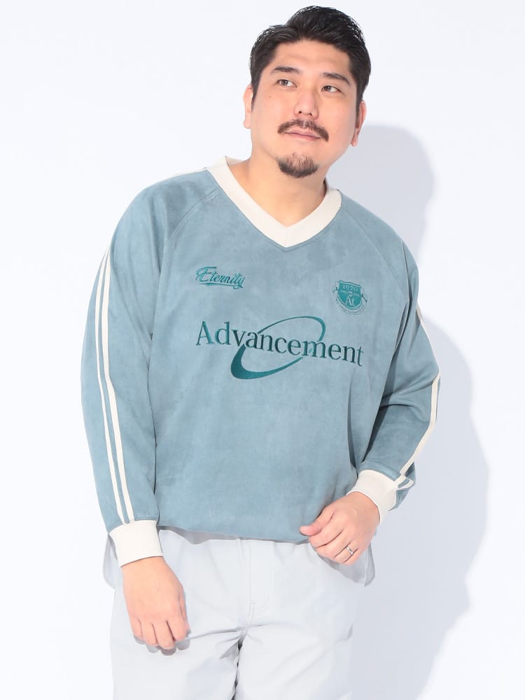 長袖 Tシャツ カットスウェード メタリック刺繍 長袖 ゲームシャツ プルオーバー Vネック 大きいサイズ メンズ
