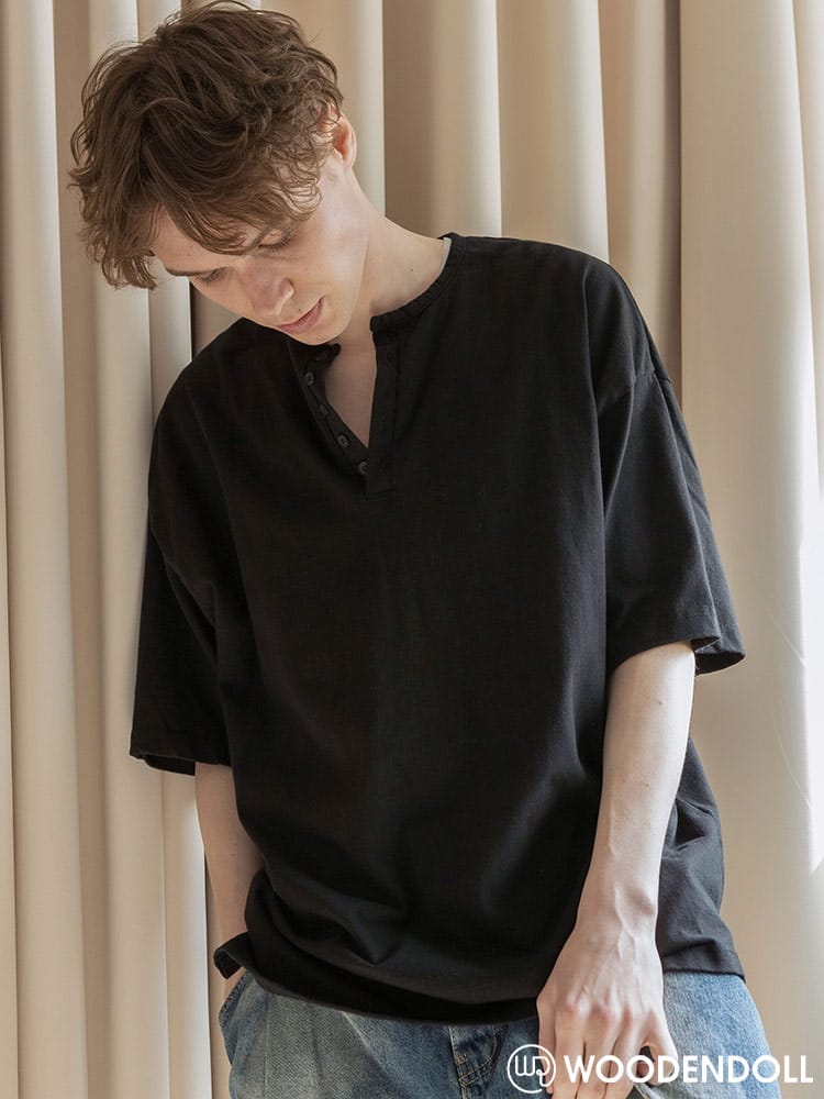 WOODEN DOLL (ウッディンドール) サイドスリット オーバーサイズ ヘンリーネック 半袖 Tシャツ 