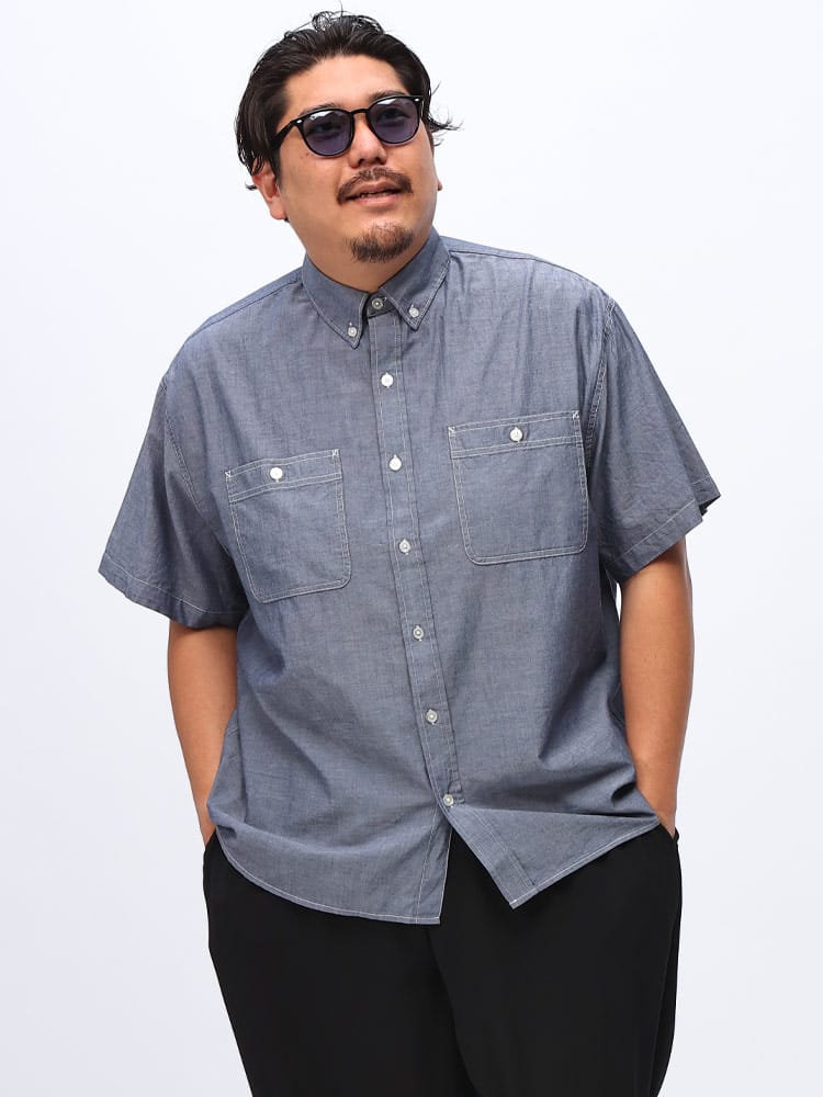 在庫処分 返品交換不可 半袖 ワークシャツ シャンブレー ダブルポケット ボタンダウン トップス カジュアルシャツ 大きいサイズ メンズ
