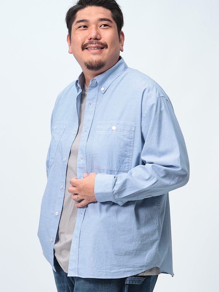 ボタンダウン 長袖 シャツ ステッチポケット  シャンブレー ワークシャツ トップス  シンプル カジュアルシャツ 大きいサイズ メンズ