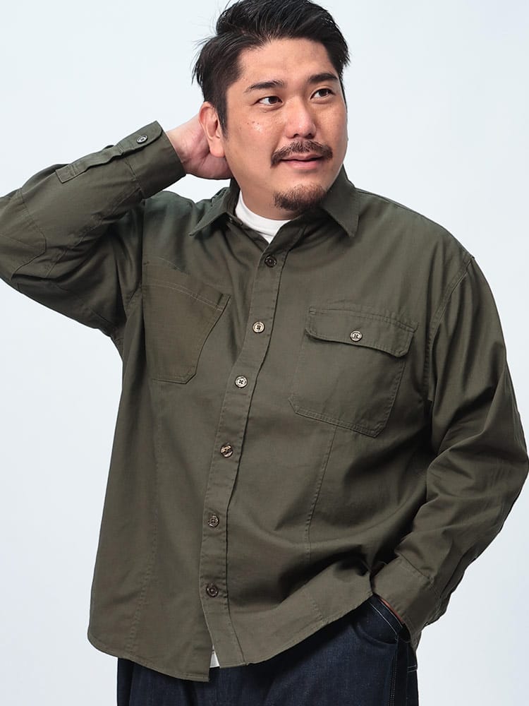 ミリタリーシャツ ツイル＆リップストップ ダブルポケット  トップス 長袖 無地 カジュアルシャツ 大きいサイズ メンズ