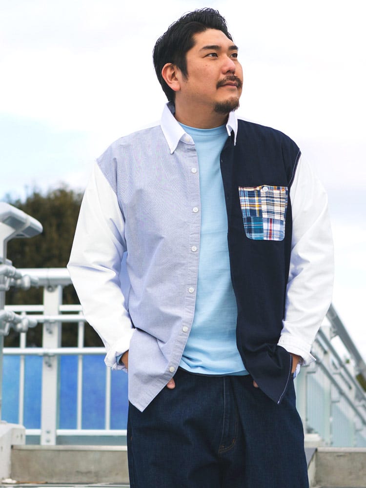 長袖 オックスシャツ パッチワークポケット ボタンダウン トップス  柄シャツ プリント チェック 大きいサイズ メンズ