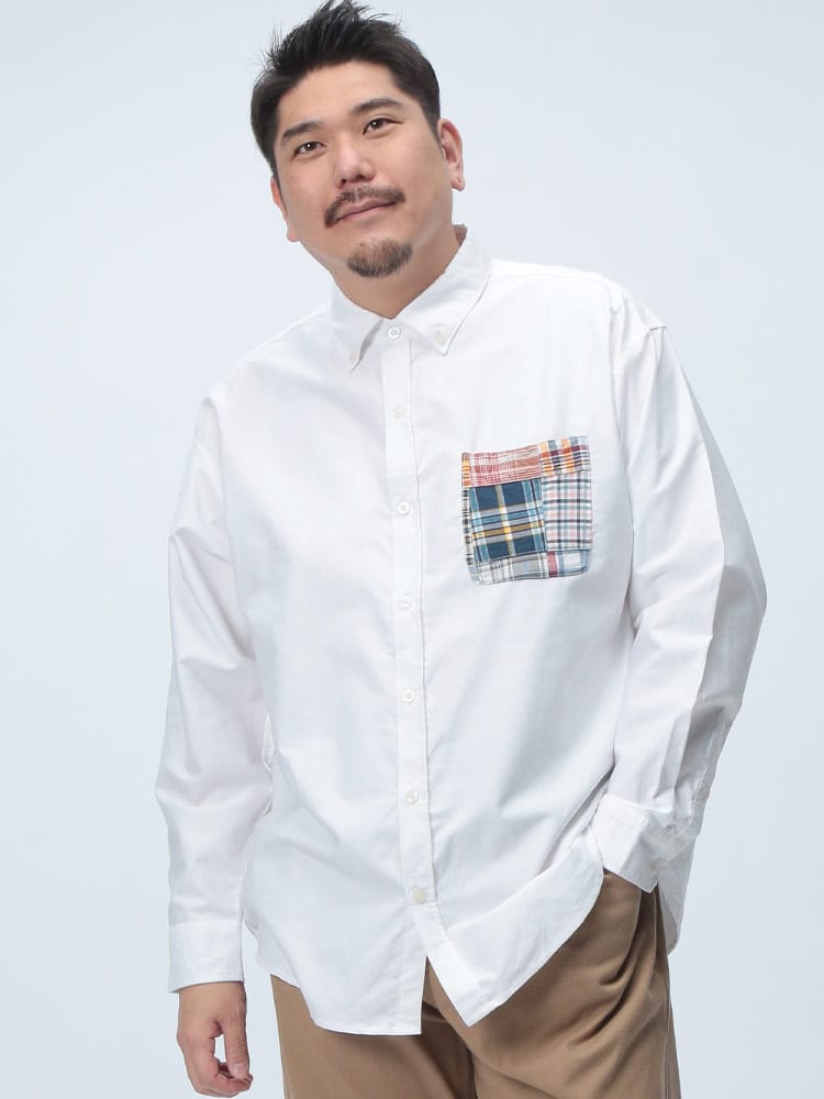 長袖 オックスシャツ パッチワークポケット ボタンダウン トップス  柄シャツ プリント チェック 大きいサイズ メンズ