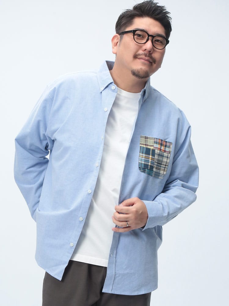 長袖 オックスシャツ パッチワークポケット ボタンダウン トップス  柄シャツ プリント チェック 大きいサイズ メンズ