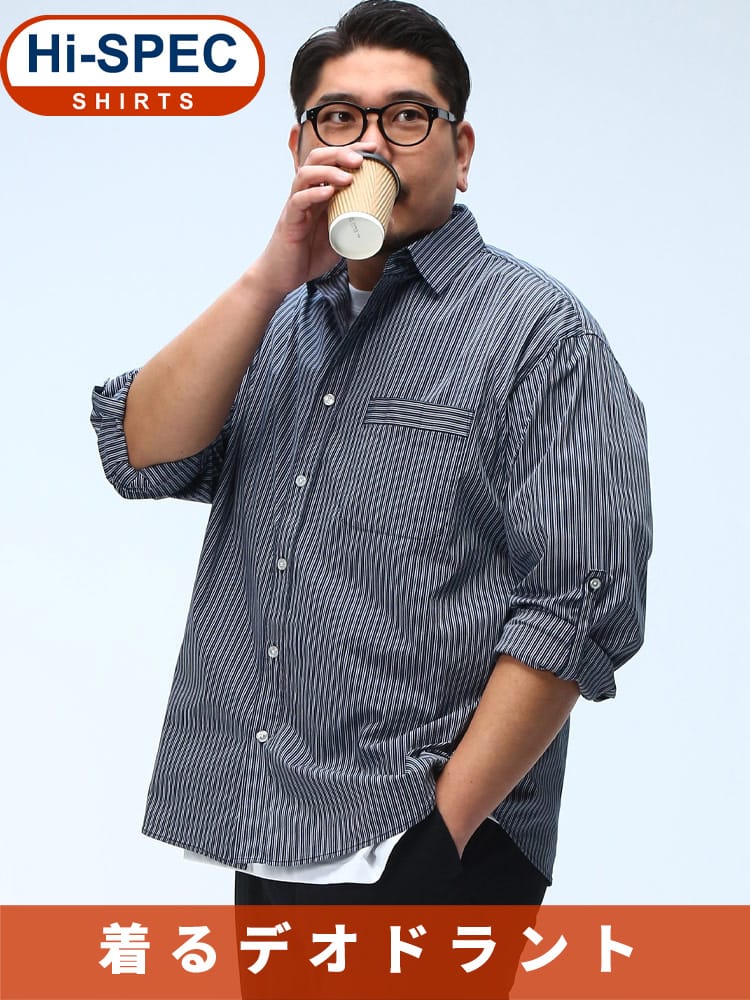 オーバーシャツ 消臭 抗菌 2WAYスリーブ ストレッチサッカー トップス 七分袖 カジュアルシャツ シンプル 春 大きいサイズ メンズ