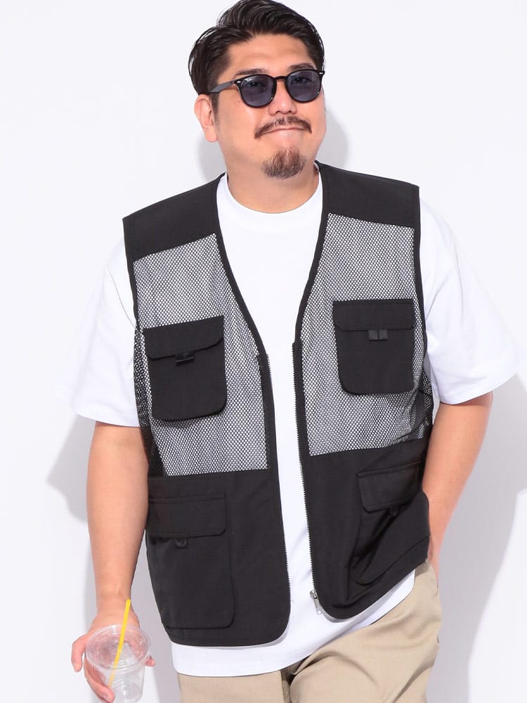 メッシュ切り替え 多ポケット ジップアップ ワークベスト 大きいサイズ メンズ