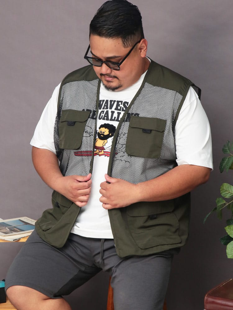 メッシュ切り替え 多ポケット ジップアップ ワークベスト 大きいサイズ メンズ