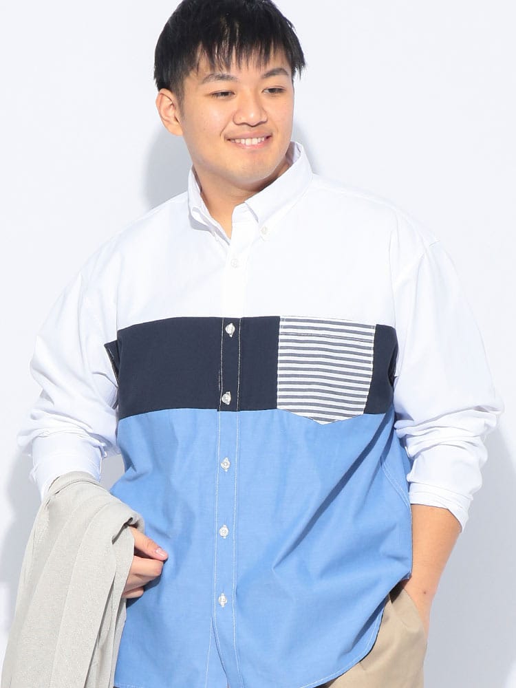 シャツ 長袖 メンズ 大きいサイズ シャンブレー 切り替え ボタンダウン トップス 長袖シャツ カジュアルシャツ 春 秋 ハンプトンウェア