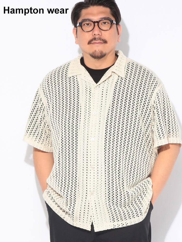 シャツ 半袖 メンズ 大きいサイズ クロシェ編み ニット 開襟シャツ トップス オープンカラー 透け感 カジュアル 春 夏
