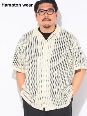 シャツ 半袖 メンズ 大きいサイズ クロシェ編み ニット 開襟シャツ トップス オープンカラー 透け感 カジュアル 春 夏