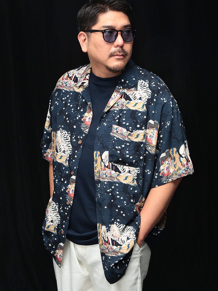 シャツ 半袖 メンズ 大きいサイズ 日本製 匠-TAKUMI- 相馬の古内裏プリント オープンシャツ トップス 開襟シャツ 柄シャツ 総柄 春 夏