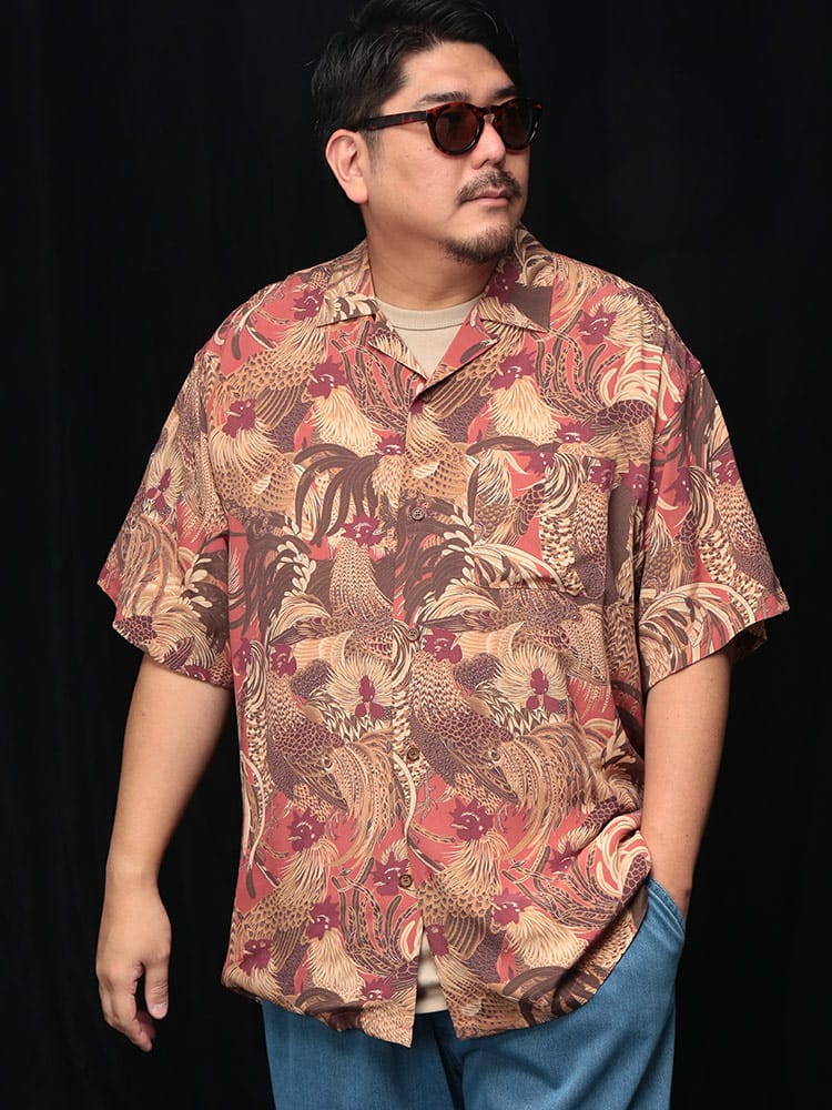 シャツ 半袖 メンズ 大きいサイズ 日本製 匠-TAKUMI- 群鶏図プリント オープンシャツ トップス 開襟シャツ 柄シャツ 総柄 春 夏