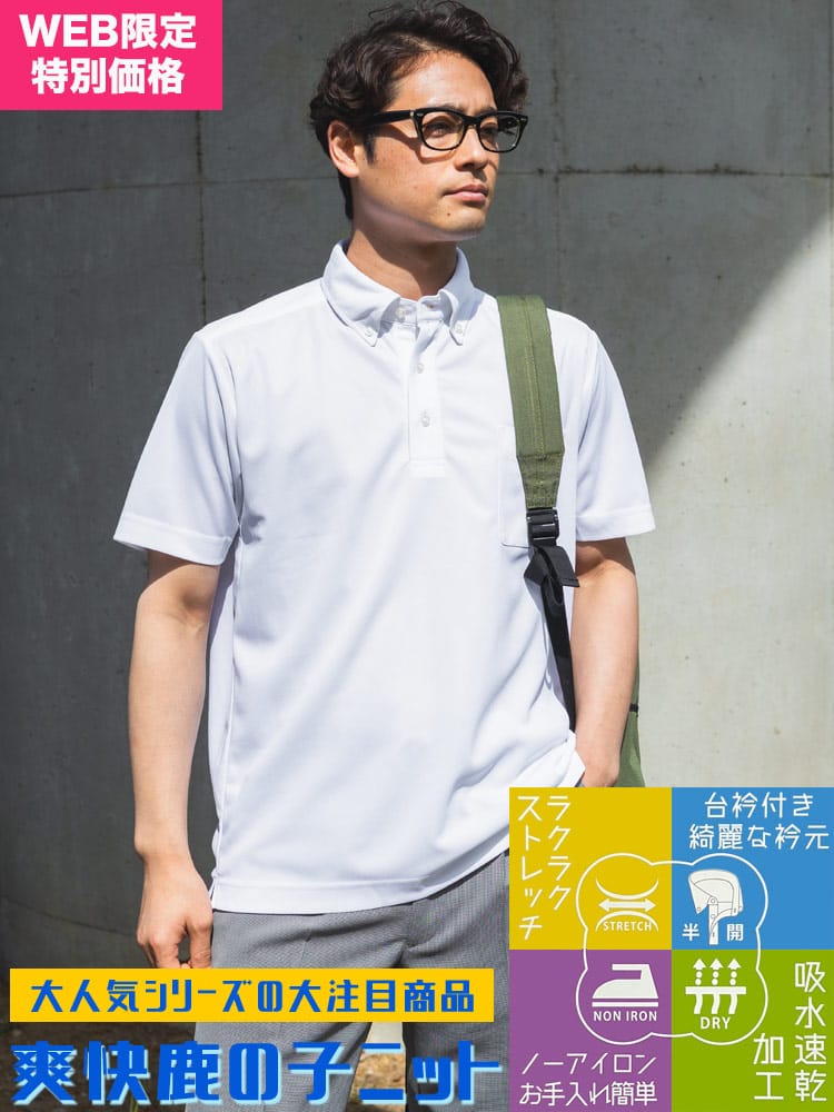 半袖 ポロシャツ メンズ ビジネス 紳士 鹿の子 ボタンダウン ビズポロ サマーカットソー ストレッチ ノーアイロン クールビズ ビジカジ 夏