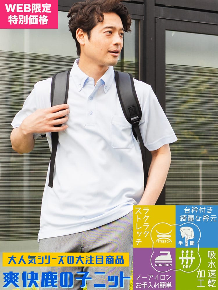 半袖 ポロシャツ メンズ ビジネス 紳士 鹿の子 ボタンダウン ビズポロ サマーカットソー ストレッチ ノーアイロン クールビズ ビジカジ 夏