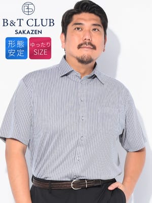 Yシャツ 半袖 メンズ 大きいサイズ ノーアイロン セミワイドカラー ストライプ柄 ドレスシャツ RELAXBODY B＆T CLUB ビーアンドティークラブ
