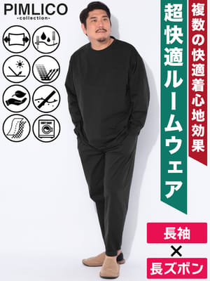 長袖Tシャツ ロングパンツ セットアップ WEB限定 ストレッチ 吸水速乾 部屋着 パジャマ ルームウェア シンプル 上下セット 大きいサイズ メンズ ビジネス