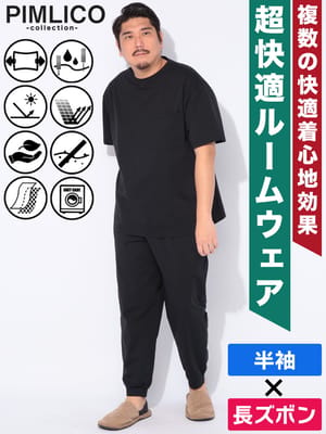 半袖Tシャツ ロングパンツ セットアップ WEB限定 ストレッチ 吸水速乾 部屋着 パジャマ ルームウェア シンプル 上下セット 大きいサイズ メンズ ビジネス
