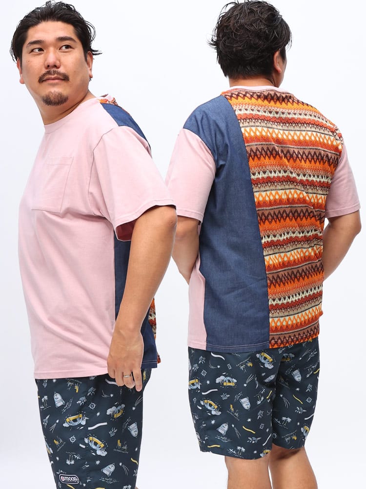 在庫処分 返品交換不可 半袖 Tシャツ 異素材切替 バックデザイン編み ポケット付き トップス コットン 大きいサイズ メンズ