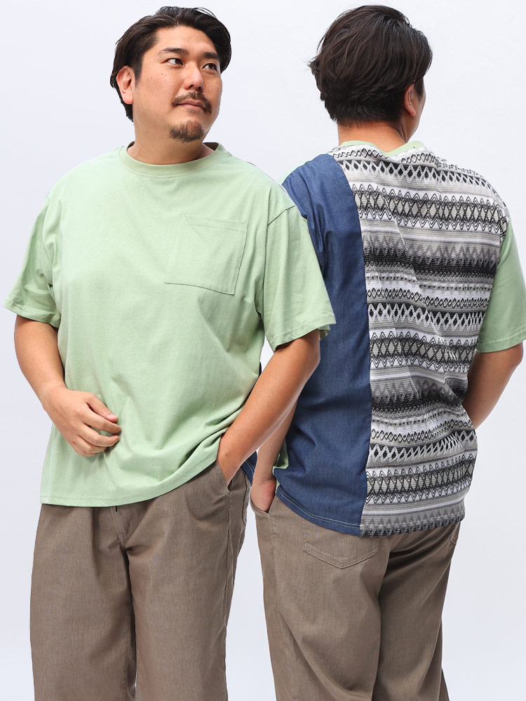 半袖 Tシャツ 異素材切替 バックデザイン編み ポケット付き トップス コットン 大きいサイズ メンズ