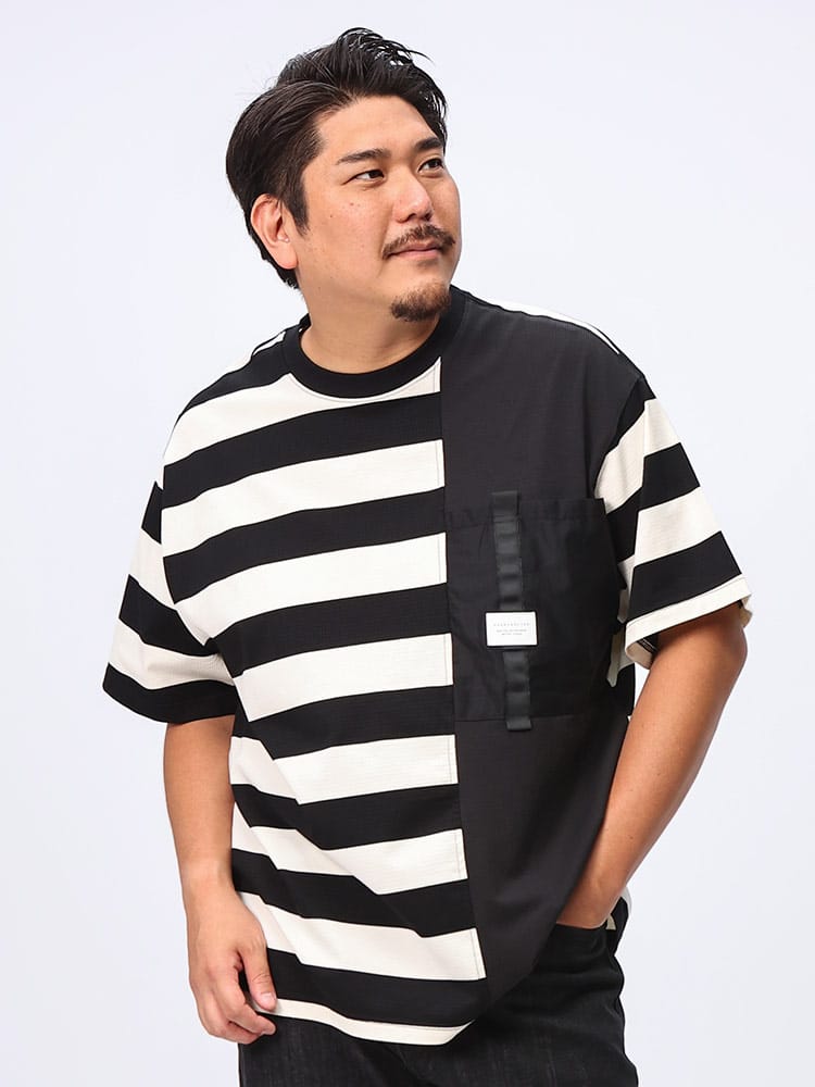 半袖 Tシャツ ワッフルボーダー 切替 デザインポケット トップス クルー 大きいサイズ メンズ