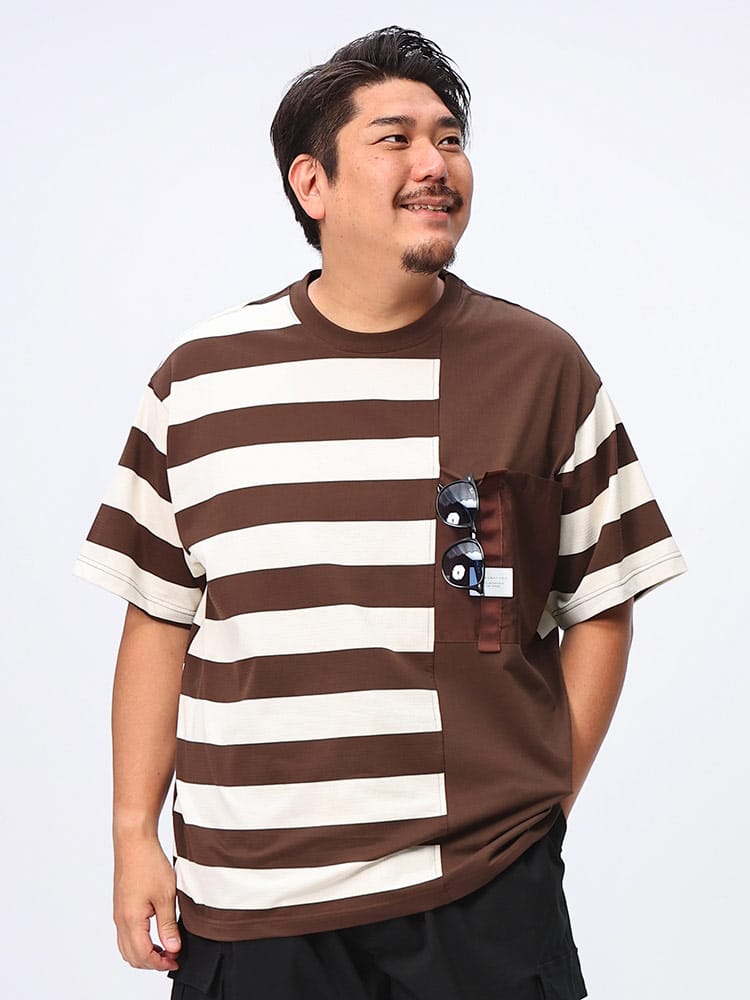 半袖 Tシャツ ワッフルボーダー 切替 デザインポケット トップス クルー 大きいサイズ メンズ