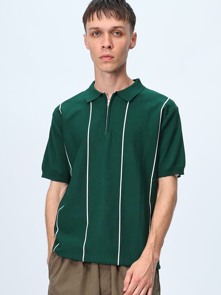 WOODENDOLL (ウッディンドール) 細ストライプ ハーフジップ 半袖 ニットポロシャツ POLO240