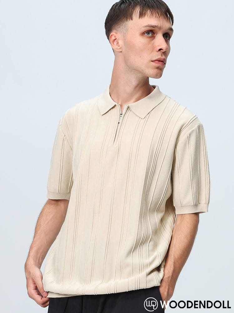 WOODENDOLL (ウッディンドール) ジャカード 無地ストライプ ハーフジップ 半袖 ニットポロシャツ POLO232