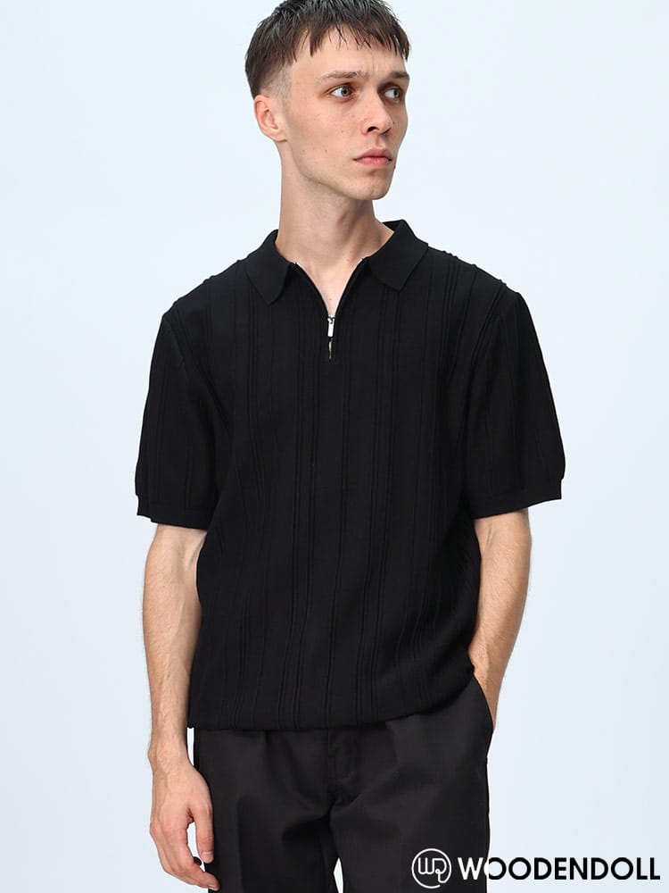 WOODENDOLL (ウッディンドール) ジャカード 無地ストライプ ハーフジップ 半袖 ニットポロシャツ POLO232