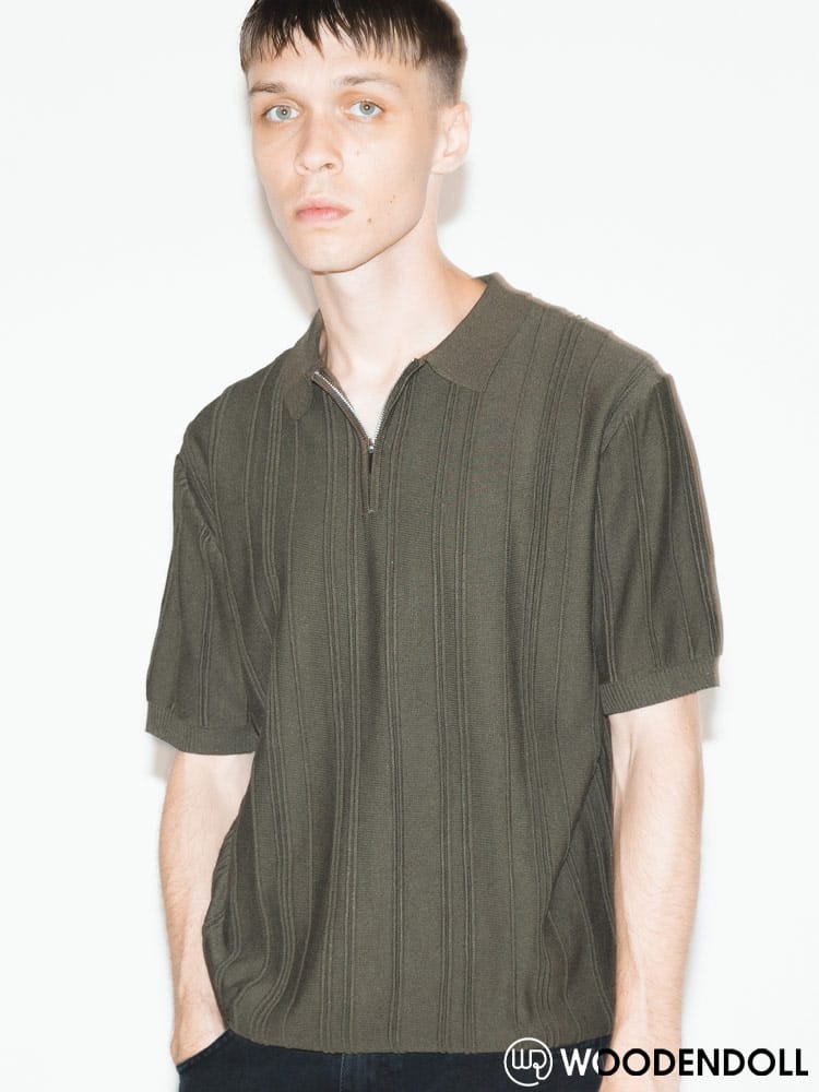 WOODENDOLL (ウッディンドール) ジャカード 無地ストライプ ハーフジップ 半袖 ニットポロシャツ POLO232