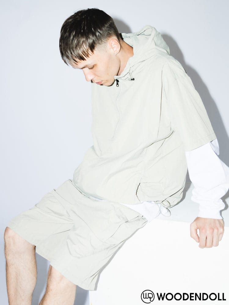 WOODENDOLL (ウッディンドール) ナイロン 無地 ハーフジップ 半袖 パーカー×ポケット付き ショートパンツ セットアップ PO233