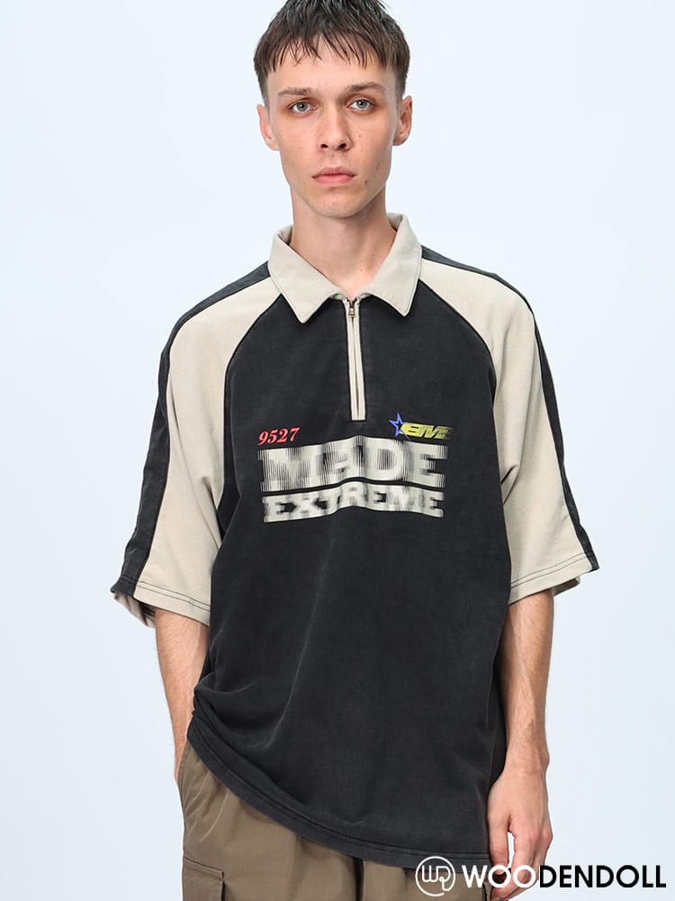 WOODENDOLL (ウッディンドール) ヴィンテージライク ラグラン切替 ハーフジップ 半袖 シャツ POLO230