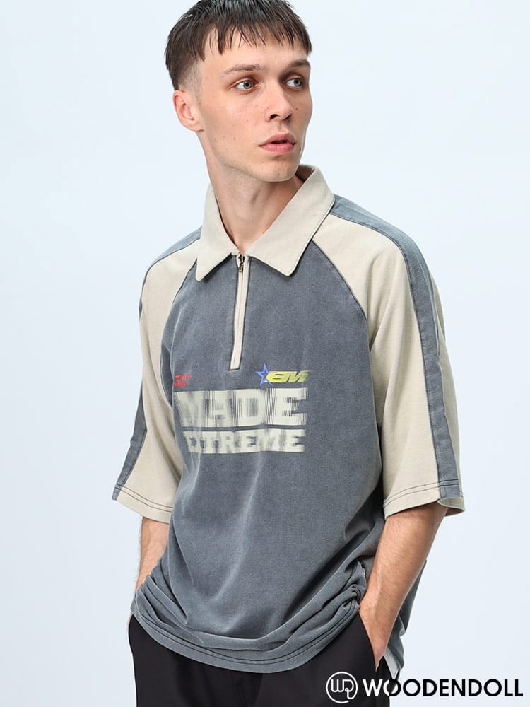 WOODENDOLL (ウッディンドール) ヴィンテージライク ラグラン切替 ハーフジップ 半袖 シャツ POLO230
