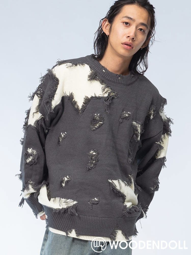 WOODENDOLL (ウッディンドール) グランジ星柄 クルーネック セーター TOP24AW106 ニット rgc_knit