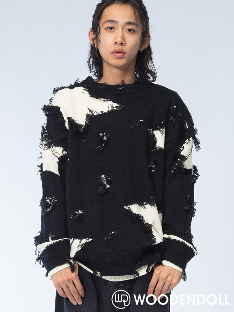 WOODENDOLL (ウッディンドール) グランジ星柄 クルーネック セーター TOP24AW106 ニット rgc_knit