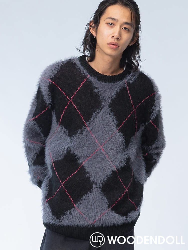 WOODENDOLL (ウッディンドール) アーガイル柄 シャギーニット クルーネック セーター TOP24AW108 ニット rgc_knit