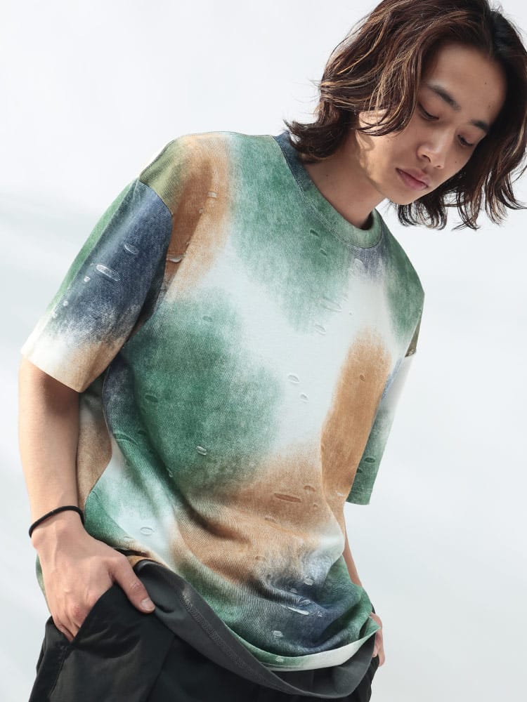 WOODENDOLL (ウッディンドール) ダメージ加工 総柄プリント クルーネック 半袖 Tシャツ