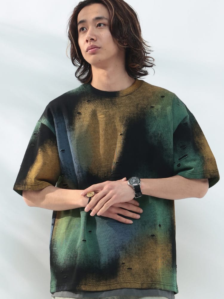 WOODENDOLL (ウッディンドール) ダメージ加工 総柄プリント クルーネック 半袖 Tシャツ
