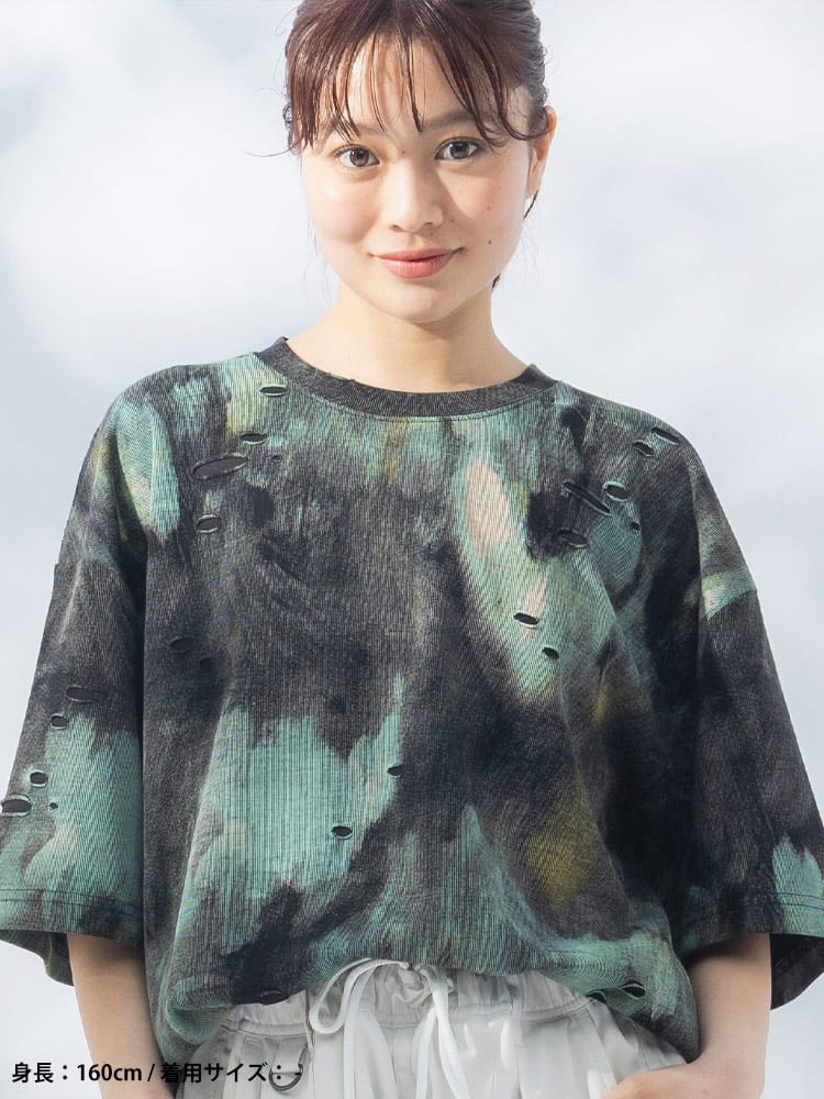 WOODENDOLL (ウッディンドール) ダメージ加工 ペイントプリント クルーネック 半袖 Tシャツ