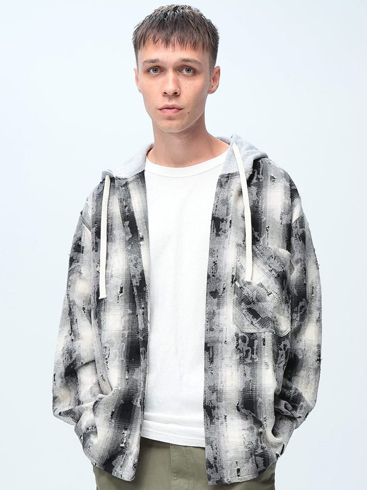WOODENDOLL (ウッディンドール) フード付き オンブレ クラッシュ チェック 長袖 シャツ メンズ トップス フード チェックシャツ カジュアル 秋 冬