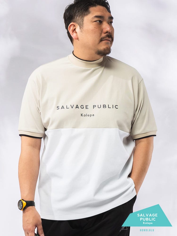 Tシャツ 半袖 メンズ 大きいサイズ バイカラー ロゴプリント モックネック カットソー トップス ゴルフ スポーツ ハイネック 春 夏