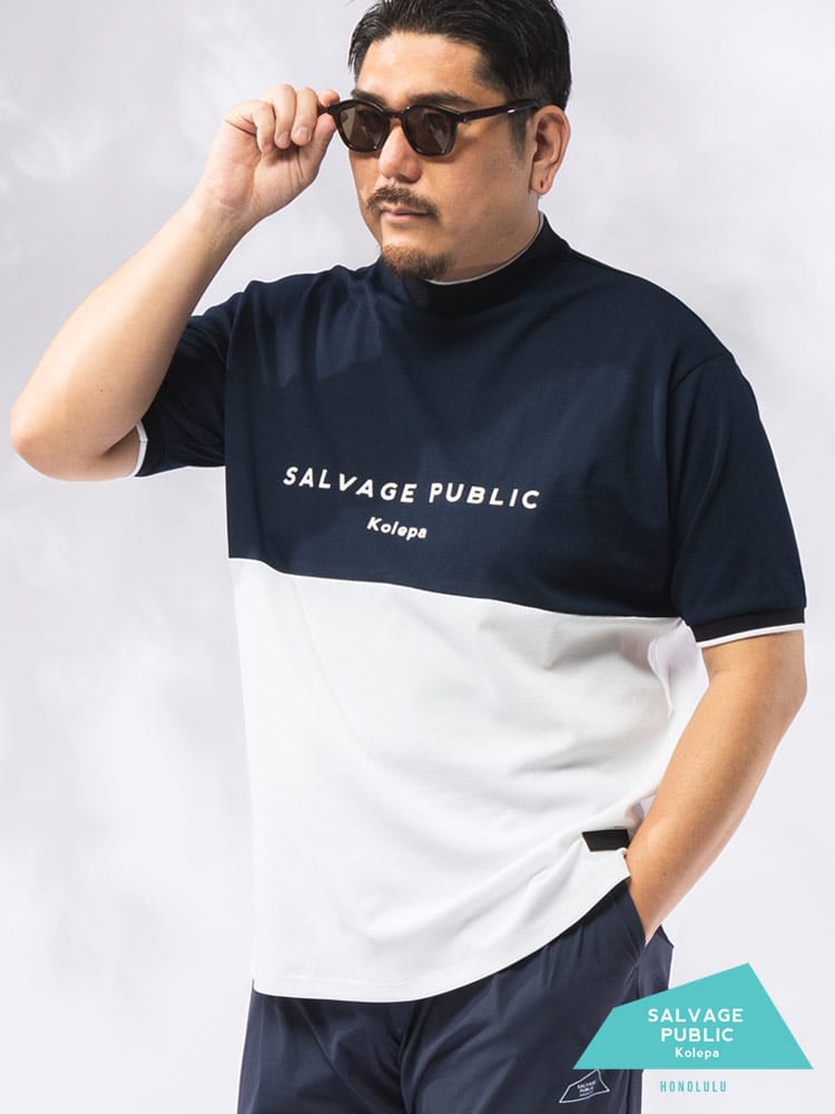 Tシャツ 半袖 メンズ 大きいサイズ バイカラー ロゴプリント モックネック カットソー トップス ゴルフ スポーツ ハイネック 春 夏