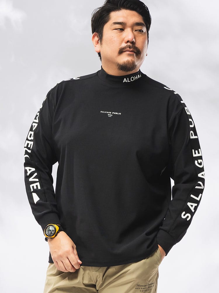 Tシャツ 長袖 メンズ 大きいサイズ 袖ロゴ バックパッチ モックネック カットソー トップス ゴルフ スポーツ ハイネック トリコット ワッペン 3L-6L 秋 冬日本製 SPSA167