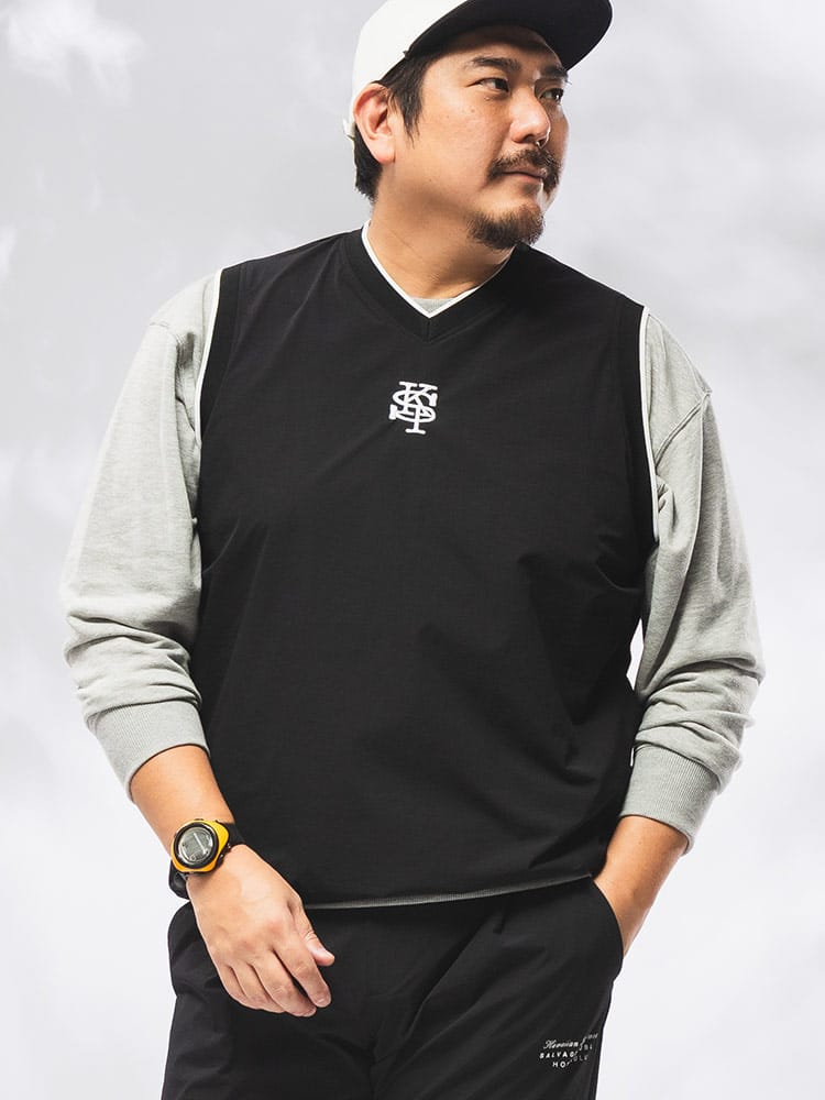 ナイロン ベスト メンズ 大きいサイズ 4Way ストレッチ 刺繍ロゴ 裏メッシュ Vネック プルオーバー トップス ゴルフ スポーツ ジレ 伸びる 3L-6L 秋 冬 SPSA178