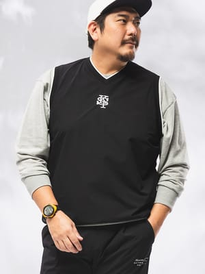 ナイロン ベスト メンズ 大きいサイズ 4Way ストレッチ 刺繍ロゴ 裏メッシュ Vネック プルオーバー トップス ゴルフ スポーツ ジレ 伸びる 3L-6L 秋 冬 SPSA178