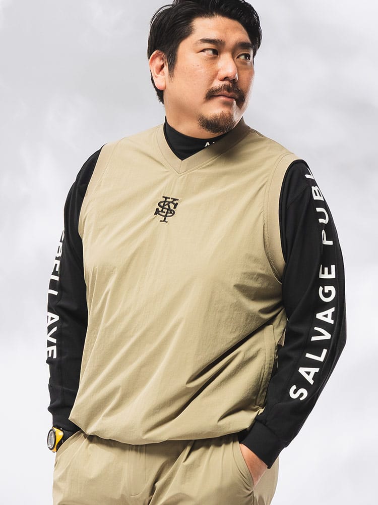 ナイロン ベスト メンズ 大きいサイズ 4Way ストレッチ 刺繍ロゴ 裏メッシュ Vネック プルオーバー トップス ゴルフ スポーツ ジレ 伸びる 3L-6L 秋 冬 SPSA178