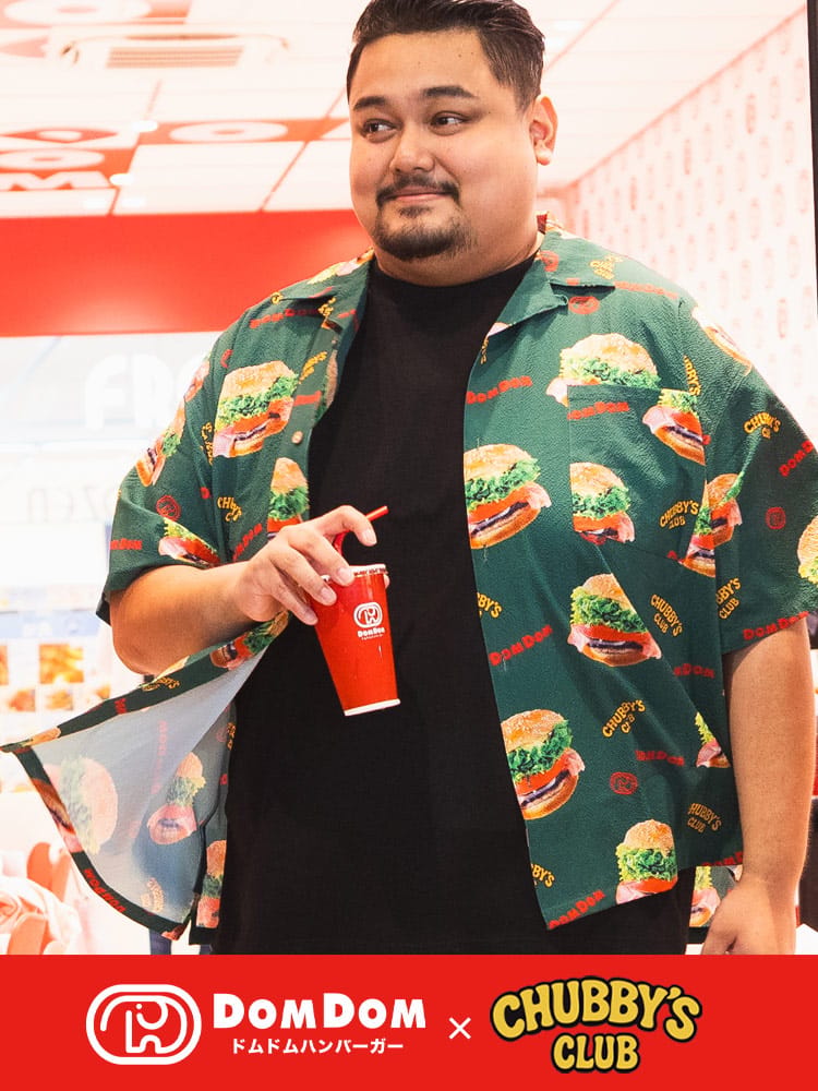 シャツ 半袖 ドムドムハンバーガーコラボ メンズ 大きいサイズ DOMDOM ハンバーガー 総柄 オープンシャツ トップス カジュアルシャツ 柄シャツ ドムドム 春 夏