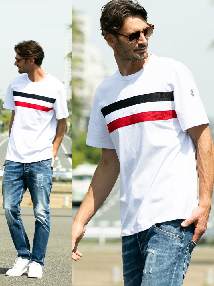 MONCLER (モンクレール) トリコロールメッシュ クルーネック 半袖 Tシャツ MC8C7B5108390T