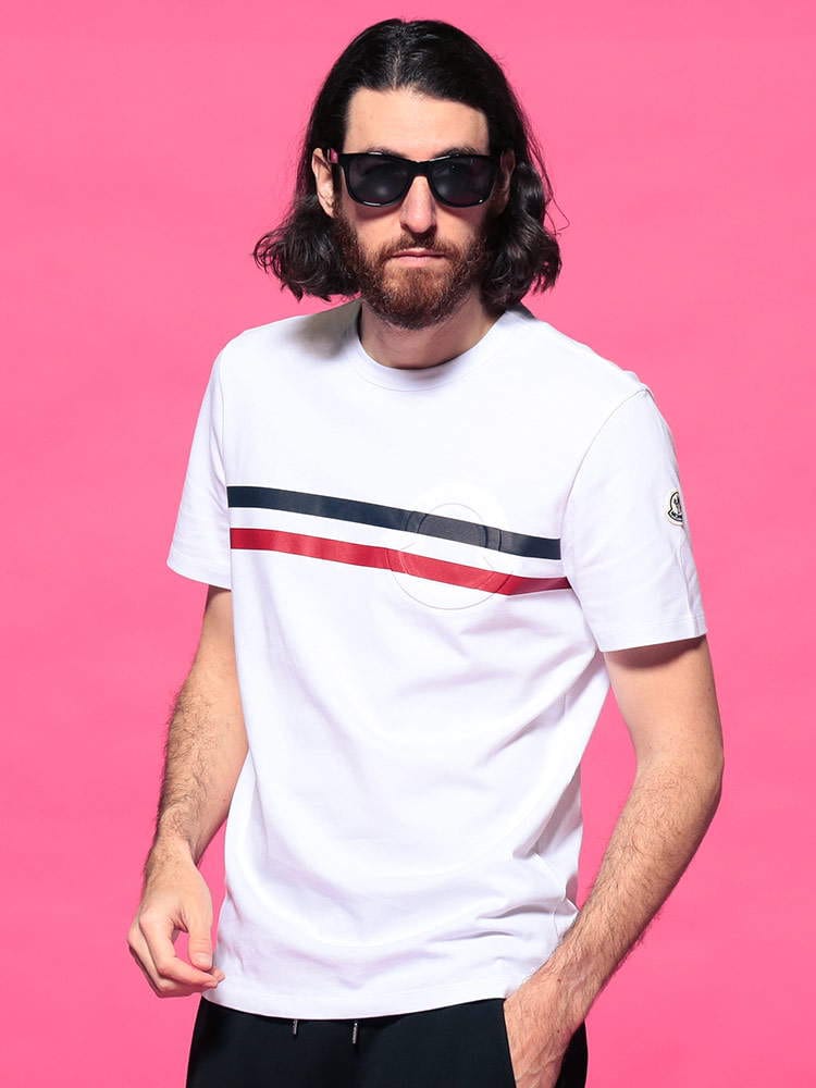 MONCLER (モンクレール) ライン マーク クルーネック 半袖 Tシャツ WHITE MC8C7B8108390T