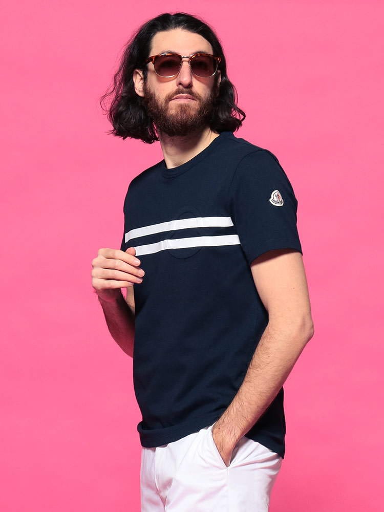 MONCLER (モンクレール) ライン マーク クルーネック 半袖 Tシャツ NAVY MC8C7B8108390T