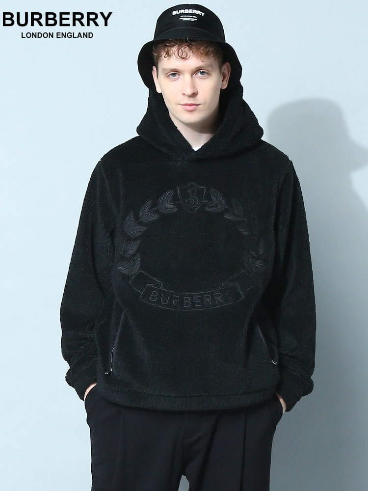 BURBERRY バーバリー メンズ パーカー ボア 黒 もこもこ ブランド エンブロイダリー オークリーフクレスト フリースフーディー BB8062559